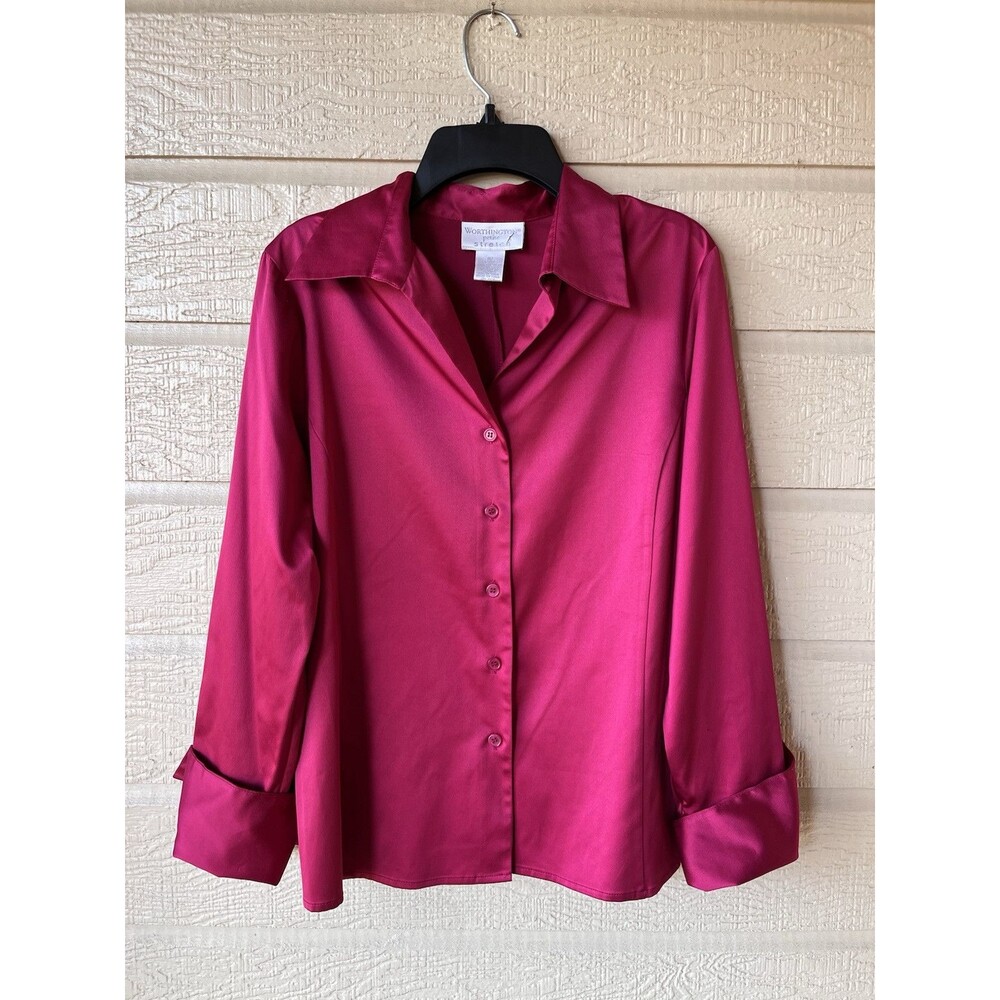 Worthington womens Satin Long Sleeve Blouse size 8P 8 Petite Red Rolled Cuff